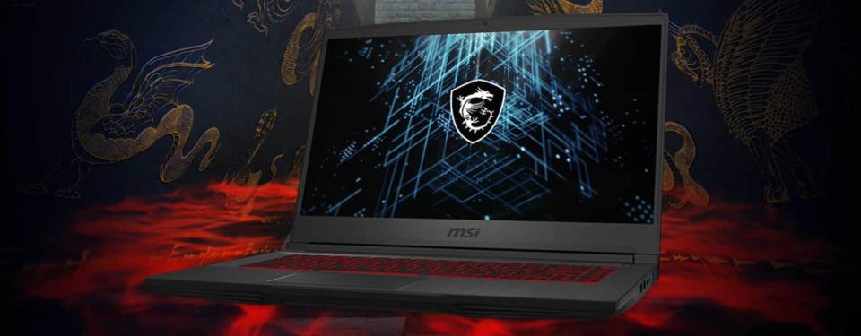 MSI GF65 Thin 10SDR-675 Gaming Laptop on red background