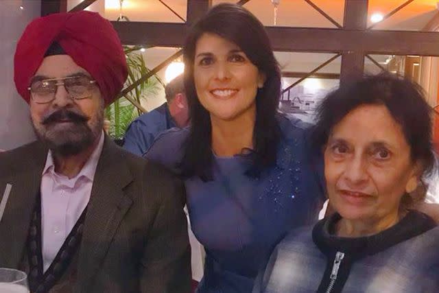 <p>Nikki Haley Facebook</p> Nikki Haley and her parents, Ajit Singh Randhawa and Raj Kaur Randhawa.