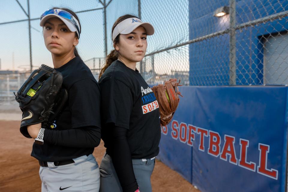 Americas High School softball players Mia Perez and Sydney Saenz at practice on Friday, Jan. 28, 2022.