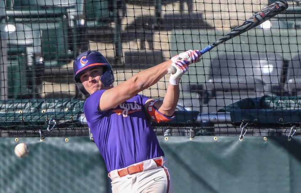 Clemson junior Will Taylor (16) bats during practice at Doug Kingsmore Stadium in Clemson, S.C. Tuesday, February 13, 2024.