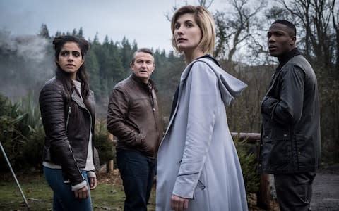 Mandip Gill, Bradley Walsh, Jodie Whittaker and Tosin Cole in Doctor Who  - Credit: BBC