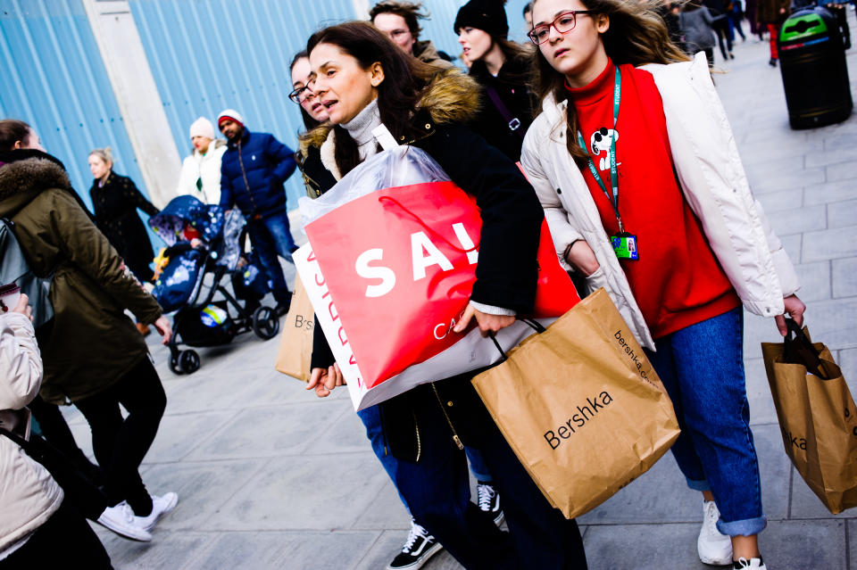 Shoppers carry bags along Oxford Street in London, England, on February 9, 2019. February 15 sees the release of the first monthly retail sales figures of the year (for January) from the UK's Office for National Statistics. December figures revealed a 0.9 percent fall in sales from the month before, which saw a 1.4 percent rise widely attributed to the impact of 'Black Friday' deals encouraging earlier Christmas shopping. More generally, with a potential no-deal departure from the EU growing nearer and continuing to undermine consumer confidence in the UK, economy-watchers have little cause for optimism at present that any kind of turnaround for Britain's struggling retail sector might be on the horizon. (Photo by David Cliff/NurPhoto via Getty Images)