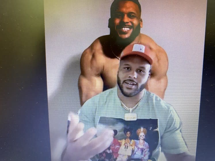 During his zoom conference call with reporters, Rams defensive tackle Aaron Donald used a photo of himself flexing as his background.