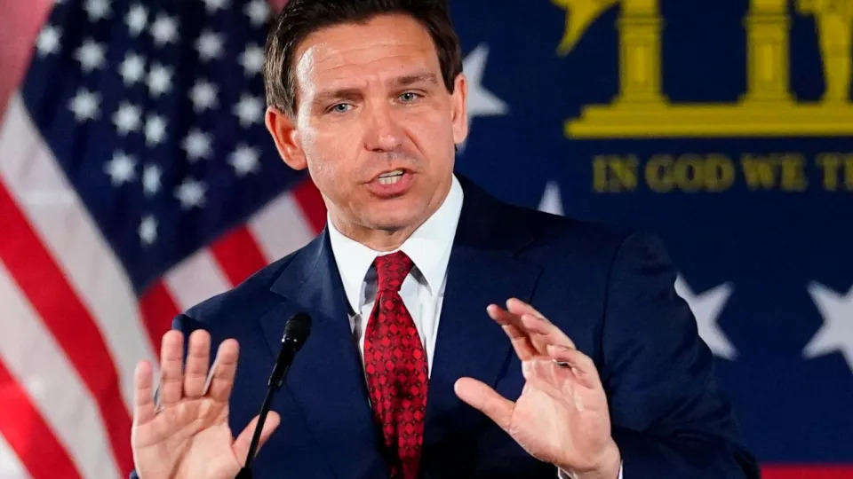  FILE - Florida Gov. Ron DeSantis speaks to a crowd at Adventure Outdoors gun store, March 30, 2023, in Smyrna, Ga. (John Bazemore/AP, FILE)