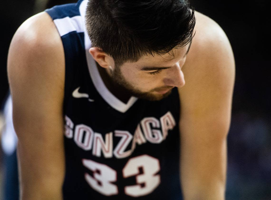 Gonzaga Bulldogs forward Killian Tillie (33) looks on during a moment between play during the first half. The Washington Huskies played the Gonzaga Bulldogs in a NCAA basketball game at Her Edmundson Pavilion in Seattle, Wash., on Sunday, Dec. 8, 2019. Joshua Bessex/joshua.bessex@gateline.com