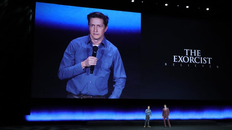 David Gordon Green and Jason Blum promoting The Exorcist: Believer onstage at CinemaCon