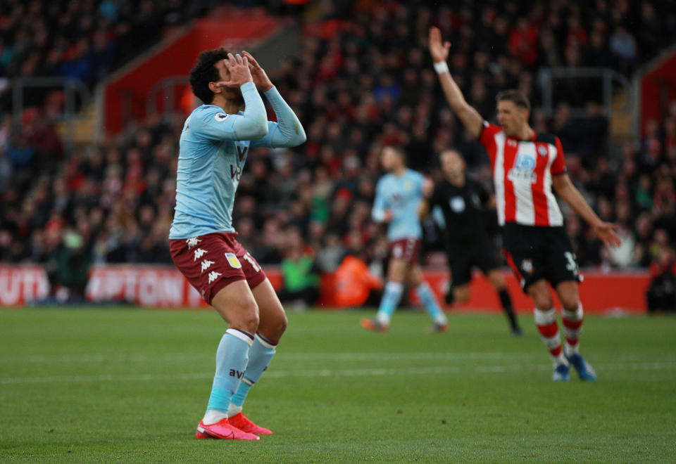 Soccer Football - Premier League - Southampton v Aston Villa - St Mary's Stadium, Southampton, Britain - February 22, 2020  Aston Villa's Trezeguet reacts REUTERS/Ian Walton  EDITORIAL USE ONLY. No use with unauthorized audio, video, data, fixture lists, club/league logos or "live" services. Online in-match use limited to 75 images, no video emulation. No use in betting, games or single club/league/player publications.  Please contact your account representative for further details.