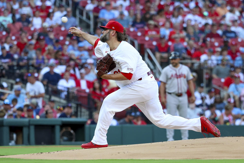 St. Louis Cardinals starting pitcher Lance Lynn throws during the first inning of a baseball game against the Atlanta Braves, Monday, June 24, 2024, in St. Louis. (AP Photo/Scott Kane)