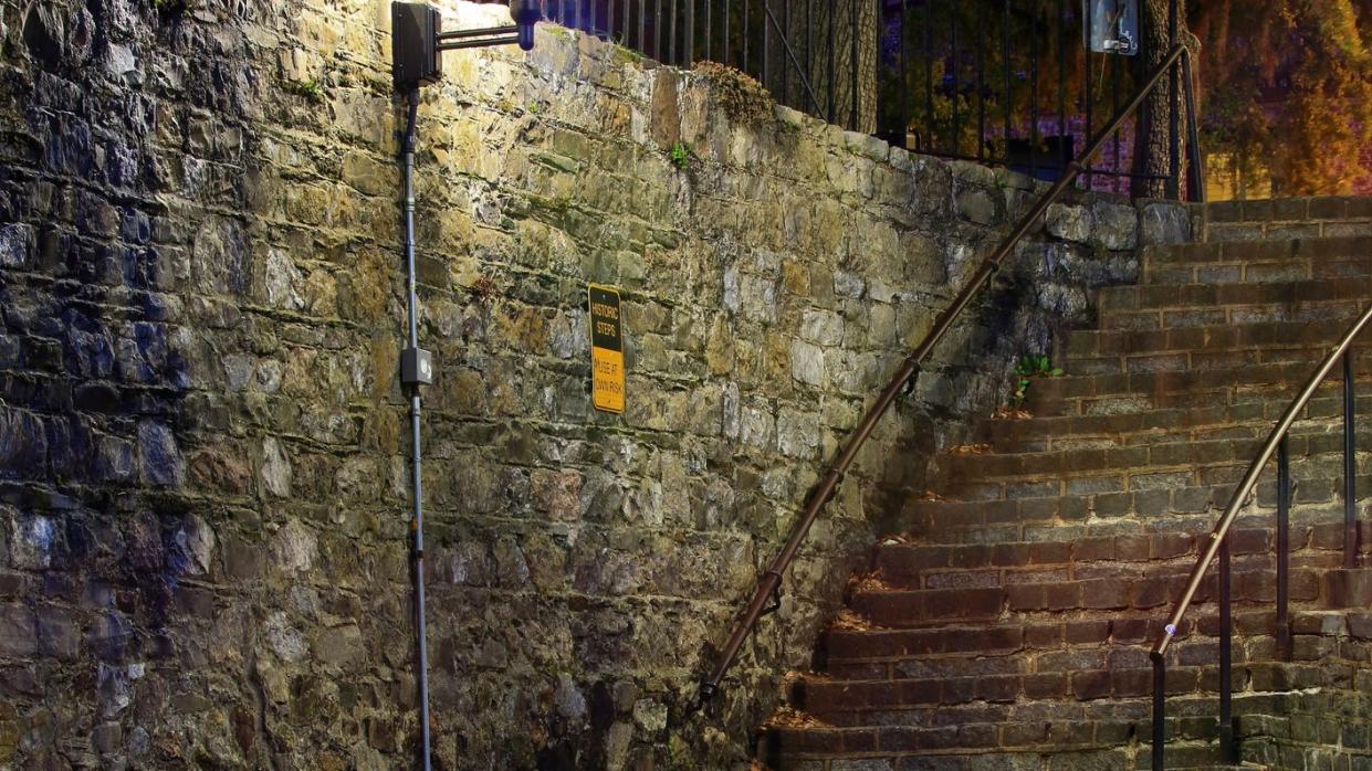 cobble stone street at night