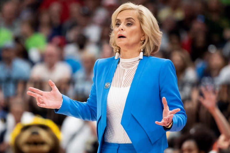 Veteran women's basketball coach Kim Mulkey won three titles at Baylor and another at LSU in 2022-23. File Photo by Kevin Dietsch/UPI