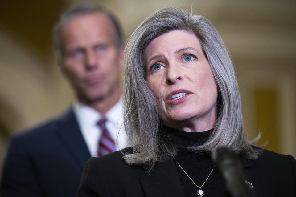 Sens. Joni Ernst, R-Iowa, and John Thune, R-S.D., conduct a news conference after the senate luncheons on Tuesday, November 15, 2022. (Tom Williams / CQ Roll Call via AP file)