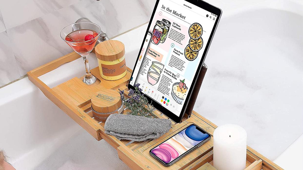 Bamboo Bathtub Tray - Perfect Expandable Bathtub Caddy with Reading Rack or Tablet Holder