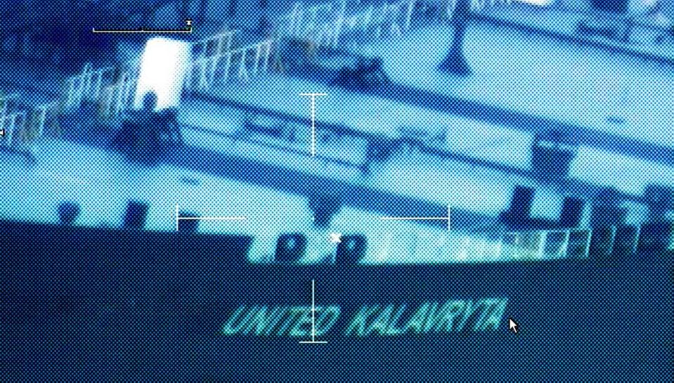 A still image from video taken by a U.S. Coast Guard HC-144 Ocean Sentry aircraft shows the oil tanker United Kalavyrta (also known as the United Kalavrvta), which is carrying a cargo of Kurdish crude oil, approaching Galveston, Texas July 25, 2014. U.S. authorities are set to seize a cargo of oil from Iraqi Kurdistan anchored off the Texas coast after a judge approved a request from Baghdad, raising the stakes in an oil sales dispute between Iraq's central government and the autonomous region. The tanker United Kalavryta, carrying some 1 million barrels of Iraqi Kurdish crude oil worth more than $100 million, arrived near Galveston Bay on Saturday, but has yet to unload its disputed cargo. Picture taken July 25, 2014. REUTERS/US Coast Guard/handout via Reuters (UNITED STATES - Tags: ENERGY TRANSPORT POLITICS CRIME LAW) FOR EDITORIAL USE ONLY. NOT FOR SALE FOR MARKETING OR ADVERTISING CAMPAIGNS. THIS IMAGE HAS BEEN SUPPLIED BY A THIRD PARTY. IT IS DISTRIBUTED, EXACTLY AS RECEIVED BY REUTERS, AS A SERVICE TO CLIENTS