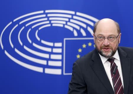 European Parliament President Martin Schulz talks to the media after meeting Britain's Prime Minister David Cameron (unseen) at the EU Parliament in Brussels, Belgium, February 16, 2016. REUTERS/Francois Lenoir