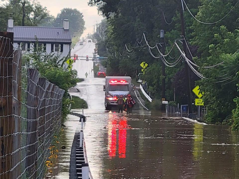 A portion of Washington Crossing Road in eastern Pennsylvania is pictured after excessive rain and flash flooding left three dead and four missing. / Credit: Tyler McCauley