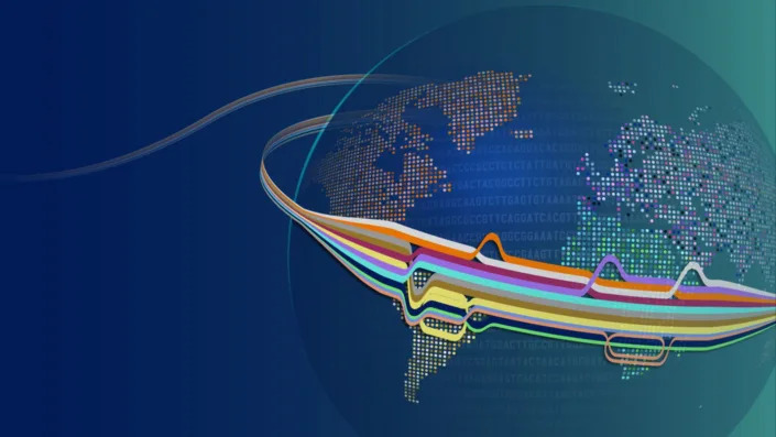  An illustration of the globe ribbons of bright color wrapped around it, representing the newly drafted human pangenome 