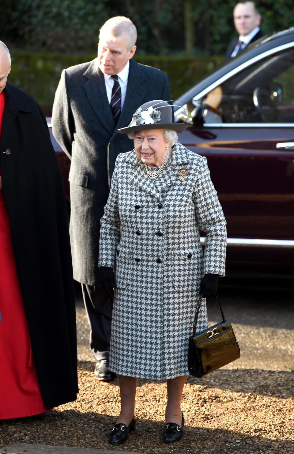 KING'S LYNN, ENGLAND - JANUARY 19: Queen Elizabeth II and Prince Andrew, Duke of York attend church at St Mary the Virgin church at Hillington in Sandringham on January 19, 2020 in King's Lynn, England. (Photo by Karwai Tang/WireImage)