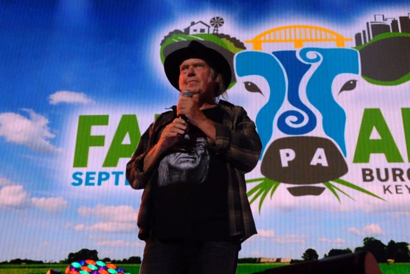 Neil Young Introduces Willie Nelson at Farm Aid 2017 at the KeyBank Pavilion in Burgettstown, Pa., in 2017. File Photo by Archie Carpenter/UPI