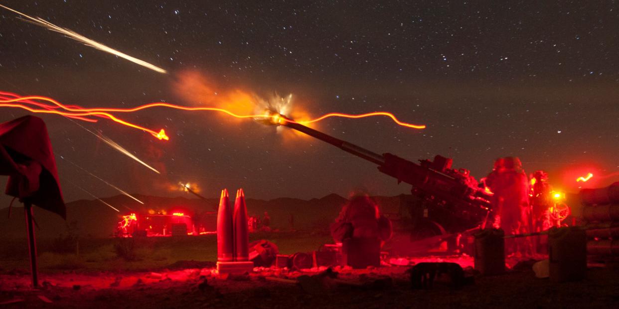 U.S. Marines with Lima Battery, 3rd Battalion, 11th Marine Regiment, fire M777A2 Lightweight Howitzers during exercise Steel Knight on Marine Corps Air Ground Combat Center Twentynine Palms, Calif., Dec. 11, 2012