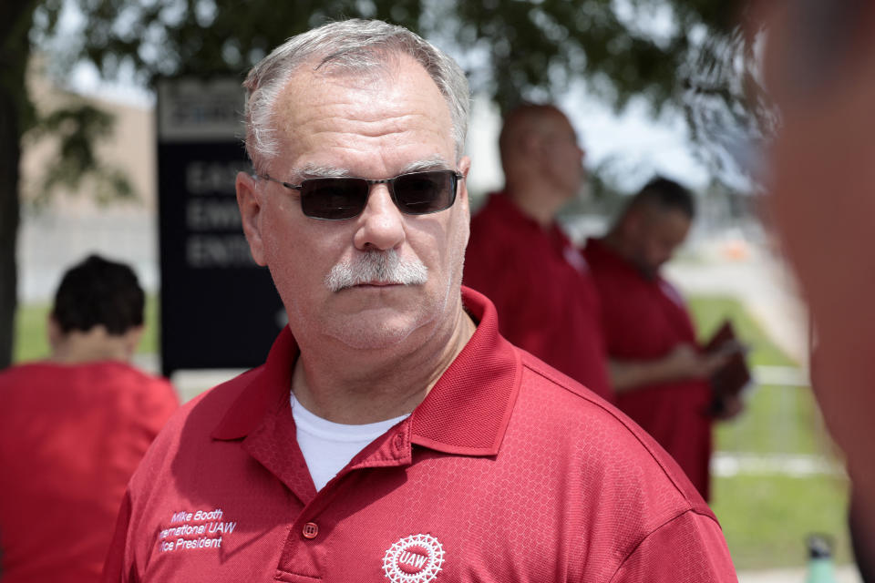 UAW International Vice President Mike Booth stands outside General Motors Factory Zero in Detroit, Michigan, on July 12, 2023. UAW contract negotiations with Stellantis will begin on July 13; with Ford on July 14; and with General Motors on July 18. In a break with tradition, there will be no public 