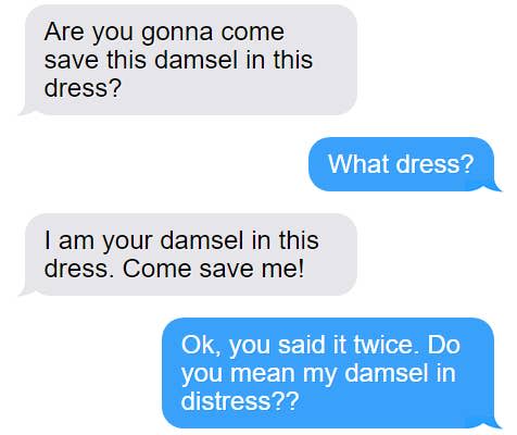 Person misspelling "damsel in distress" as "damsel in this dress"