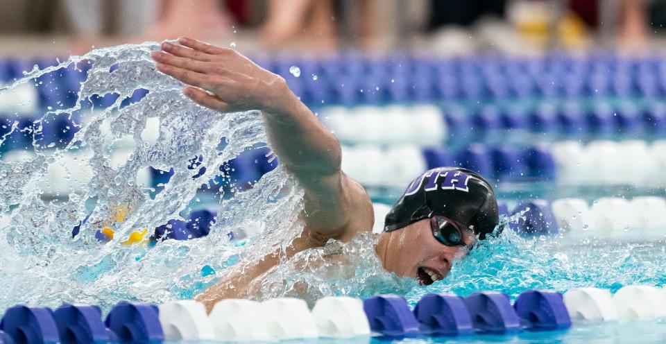 South's Botond Kun swims the 500 Yard Freestyle race during the 2024 Counsilman Classic Swimming & Diving Meet between the Bloomington North Cougars and Bloomington South Panthers at Bloomington High School South Natatorium on January 13, 2024