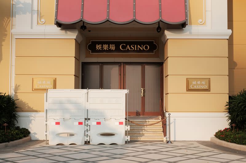 Barriers block a closed entrance to the Wynn Macau casino resort in Macau