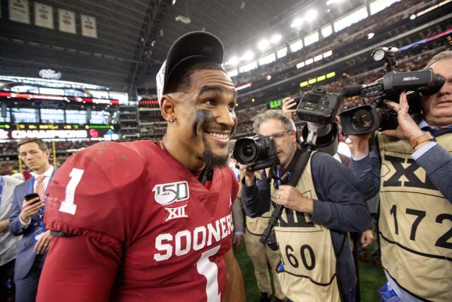 Oklahoma defensive tackle Jalen Redmond (31), defensive lineman Neville  Gallimore (90) and linebacker Nik Bonitto (35) celebrate Redmond's sack of  Baylor quarterback Gerry Bohanon during the second half of an NCAA college