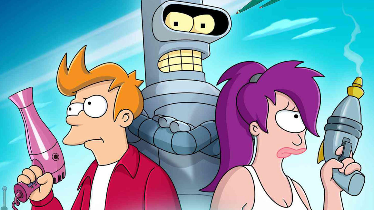  Futurama season 11 poster featuring Fry, Leela, and Bender 