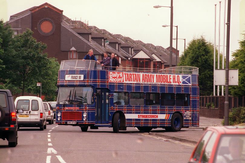 Daily Record's Tartan Army bus leaves on way to France for the World Cup.