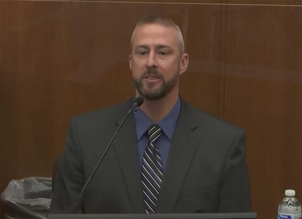 In this screen grab from video, Mychal Johnson, former patrol sergeant at the Brooklyn Center Police Department, testifies as Hennepin County Judge Regina Chu presides over court Friday, Dec. 10, 2021, in the trial of former Brooklyn Center police Officer Kim Potter at the Hennepin County Courthouse in Minneapolis, Minn. Potter is charged with first- and second-degree manslaughter in the April 11 shooting of Wright, a 20-year-old Black motorist, following a traffic stop in the Minneapolis suburb of Brooklyn Center. (Court TV, via AP, Pool)