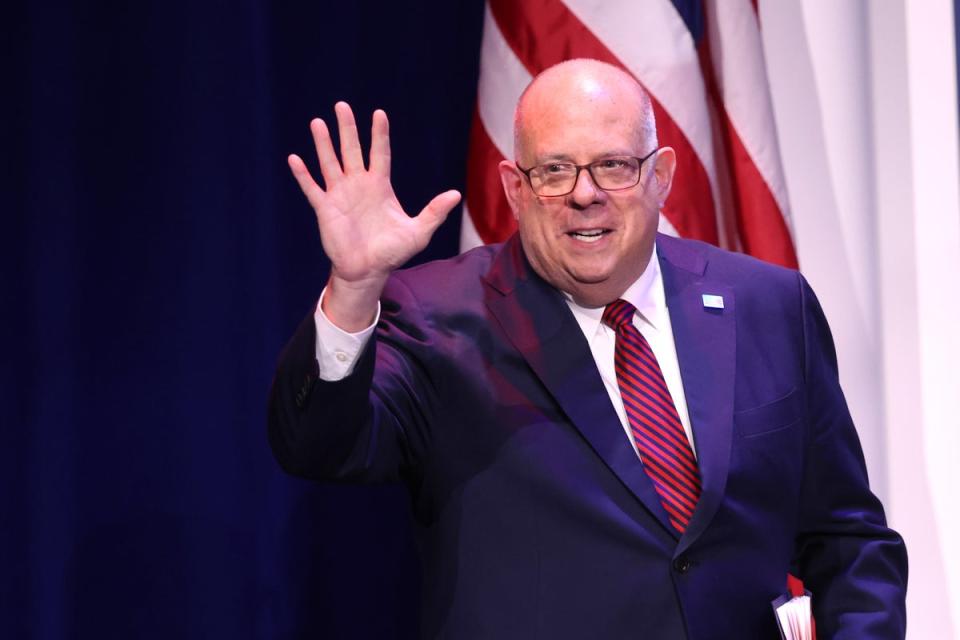 Maryland Governor Larry Hogan speaks to guests at the Republican Jewish Coalition Annual Leadership Meeting on November 18, 2022 in Las Vegas, Nevada (Getty Images)