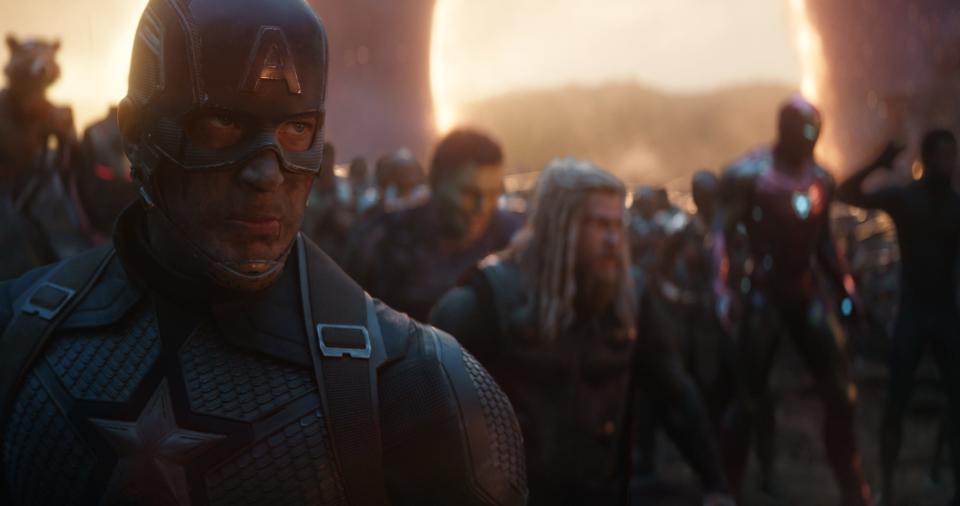 Captain America (Chris Evans, left) leads a legion of superheroes in "Avengers: Endgame."