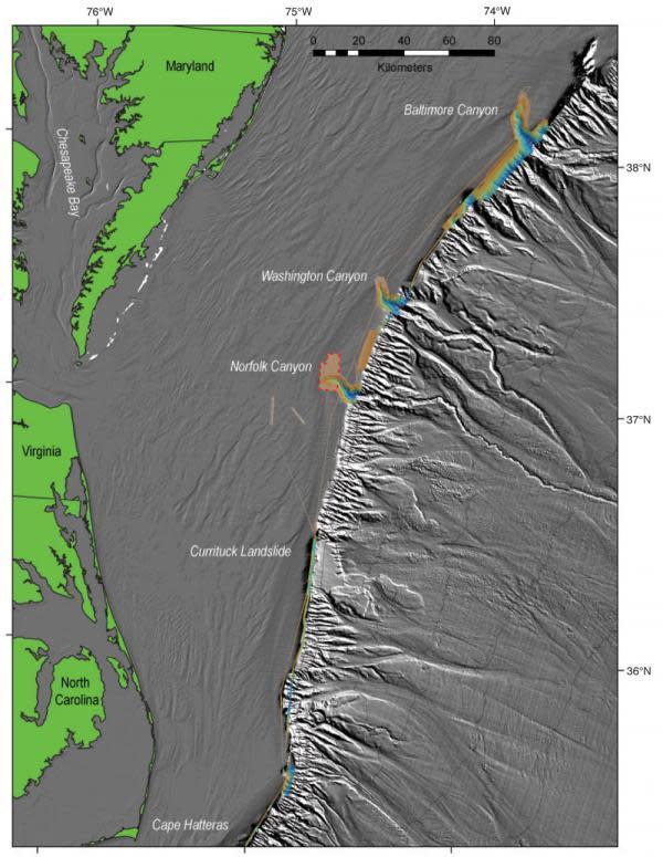 Multibeam bathymetric data collected during the June 2011 Nancy Foster cruise (except for area around upper Norfolk Canyon, surrounded by dashed red line, where data are courtesy of Rod Mather, University of Rhode Island). These show areas that