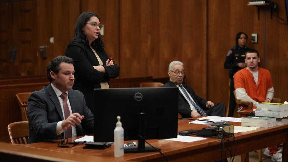Hackensack, NJ -- April 12, 2024 -- Assistant Bergen County Prosecutors Matt Fitzpatrick and Suzanne Cevasco, attorney Nathan Kittner with his client Dylan Rodriguez during Rodriguez's sentencing for his role in the murder of David Duque-Soto.