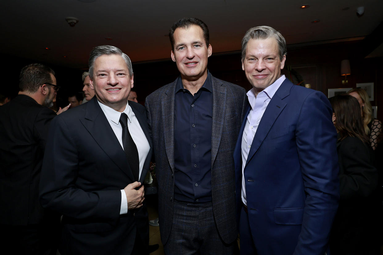 LOS ANGELES, CALIFORNIA - MARCH 11: (L-R) Netflix Co-Ceo Ted Sarandos, Netflix Film Chairman Scott Stuber, and Netflix Co-Ceo Greg Peters attend the Netflix Oscar Nominee Celebration at Sunset Tower Hotel on March 11, 2023 in Los Angeles, California. (Photo by Emma McIntyre/Getty Images for Netflix)