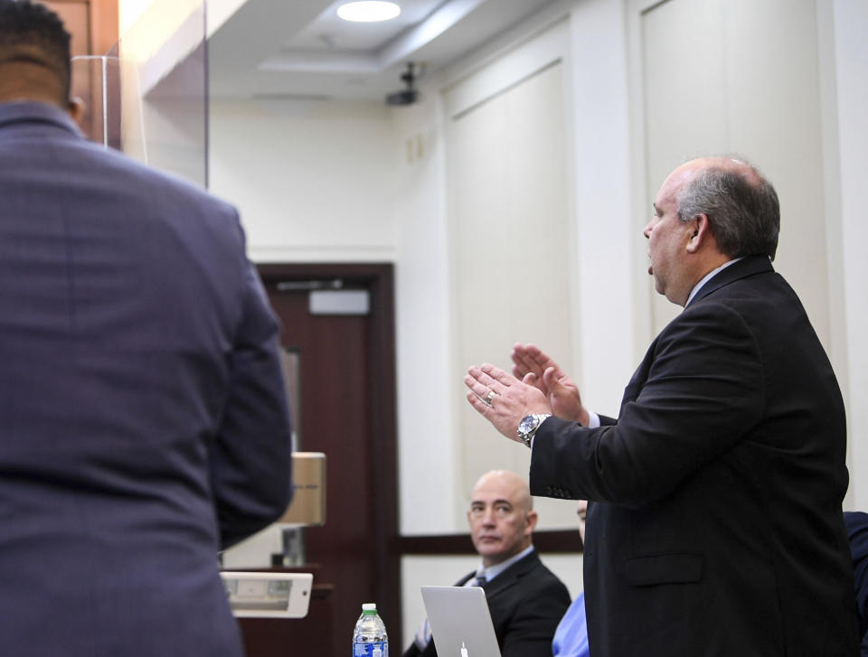 Defense Attorney Paul Bruno makes an objection to Assistant District Attorney Ronald Dowdy in court on day four of the mass murder trial at Justice A.A. Birch Building in Nashville, Tenn., Thursday, Feb. 3, 2022. (Stephanie Amador/The Tennessean via AP, Pool)