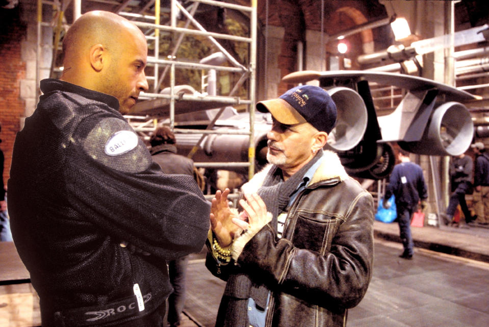 Vin Diesel and director Rob Cohen on set of "XXX."