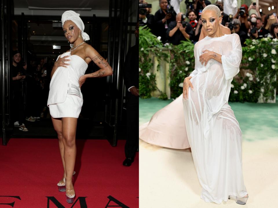 Split Image: (L) Doja Cat leaving The Mark Hotel for the 2024 Met Gala. (R) Doja Cat arriving at the Met Gala.