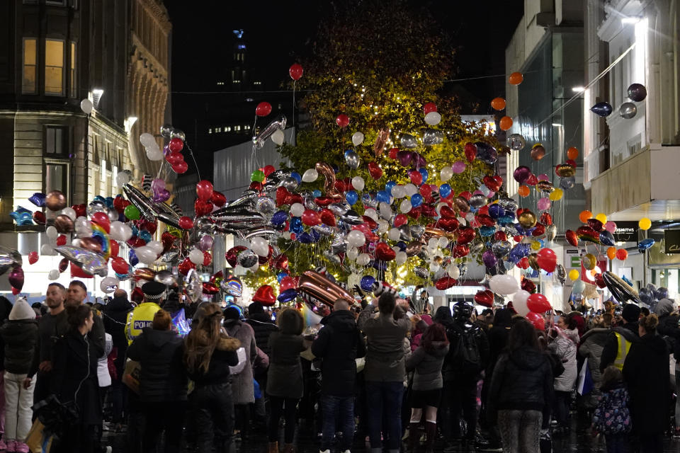 Balloons are released as people take part in a vigil in Liverpool city centre for 12-year-old Ava White, who was fatally stabbed on Thursday, November 25, following a Christmas lights switch on. Picture date: Saturday December 4, 2021.