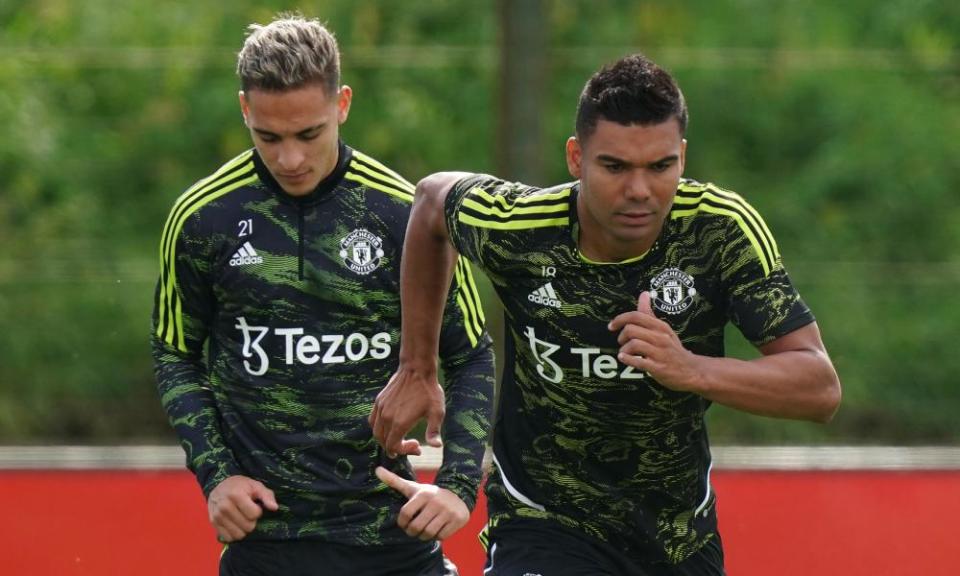 Antony and Casemiro during Manchester United training earlier this month – the pair arrived for a combined £133m in the summer transfer window.