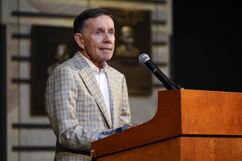 Music executive Joe Galante speaks the Country Music Hall of Fame after it was announced he will be inducted as a member Tuesday, May 17, 2022, in Nashville, Tenn. (AP Photo/Mark Humphrey)