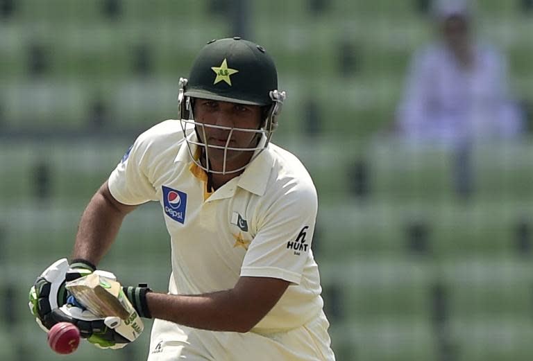 Pakistan's Sami Aslam plays a shot during the first day of the second Test against Bangladesh at The Sher-e-Bangla National Cricket Stadium in Dhaka on May 6, 2015