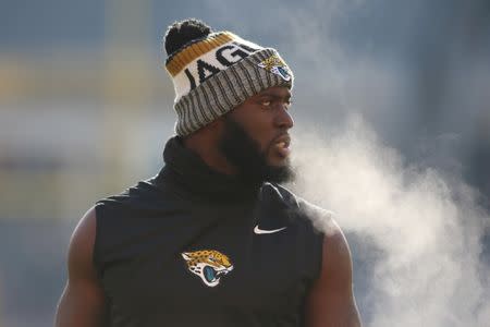 FILE PHOTO: Jan 14, 2018; Pittsburgh, PA, USA; Jacksonville Jaguars running back Leonard Fournette (27) warms up on the field prior to the game against the Pittsburgh Steelers at Heinz Field. Mandatory Credit: Charles LeClaire-USA TODAY Sports