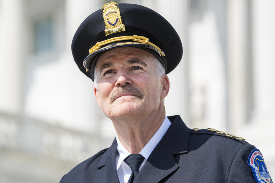 Thomas Manger, the new chief of the U.S. Capitol Police, is seen during his swearing in ceremony at the Senate steps of Capitol on Friday. / Credit: Tom Williams/CQ-Roll Call, Inc via Getty Images