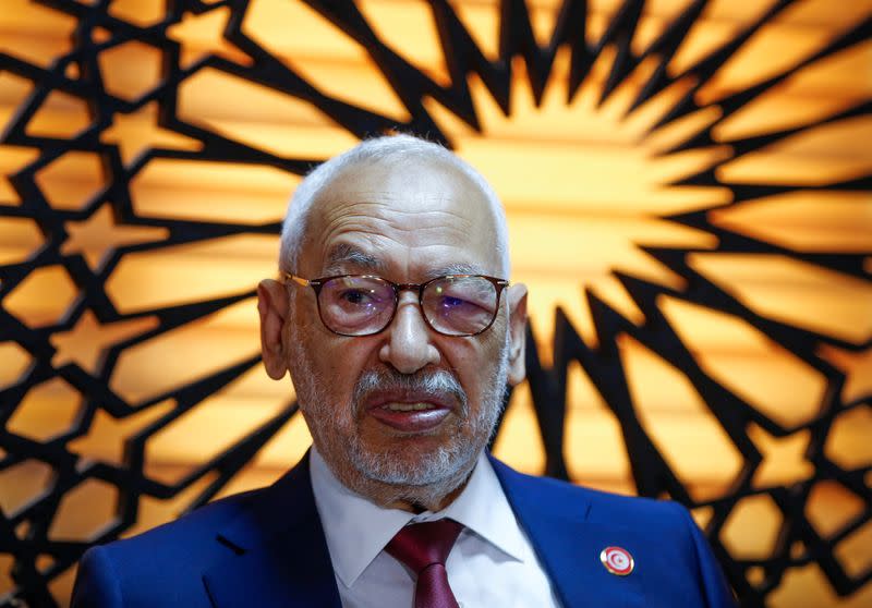 Rached Ghannouchi attends an interview with Reuters at his office in Tunis