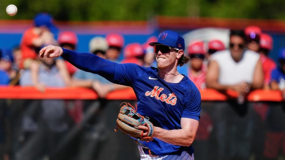 Feb 20, 2023;  Port St.  Lucie, FL, USA;  New York Mets third baseman Brett Baty (22) during spring training workouts.