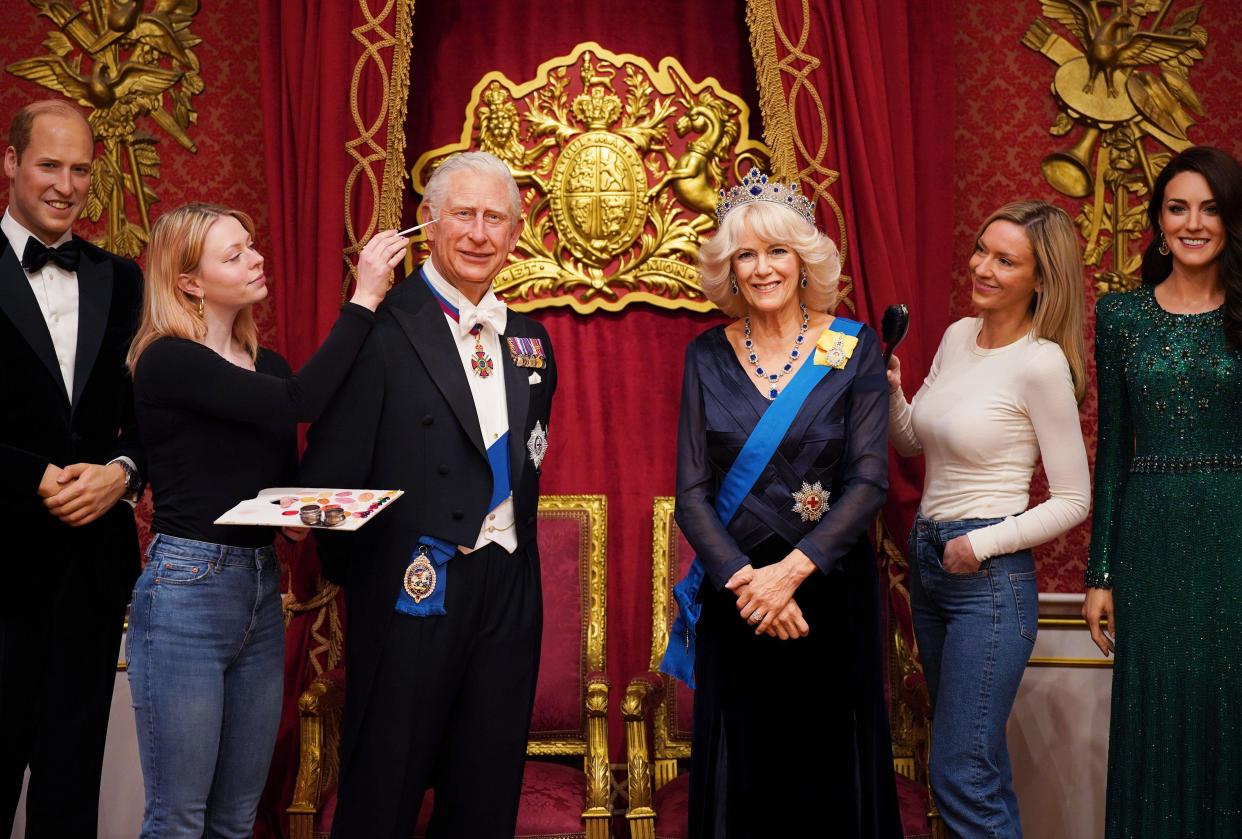 Studio artists Sophie Greenaway (left) and Claire Parkes add the finishing touches to King Charles II and a new Queen Consort wax figure at Madame Tussauds in London, ahead of the coronation of King Charles III on May 6. Picture date: Wednesday April 26, 2023.