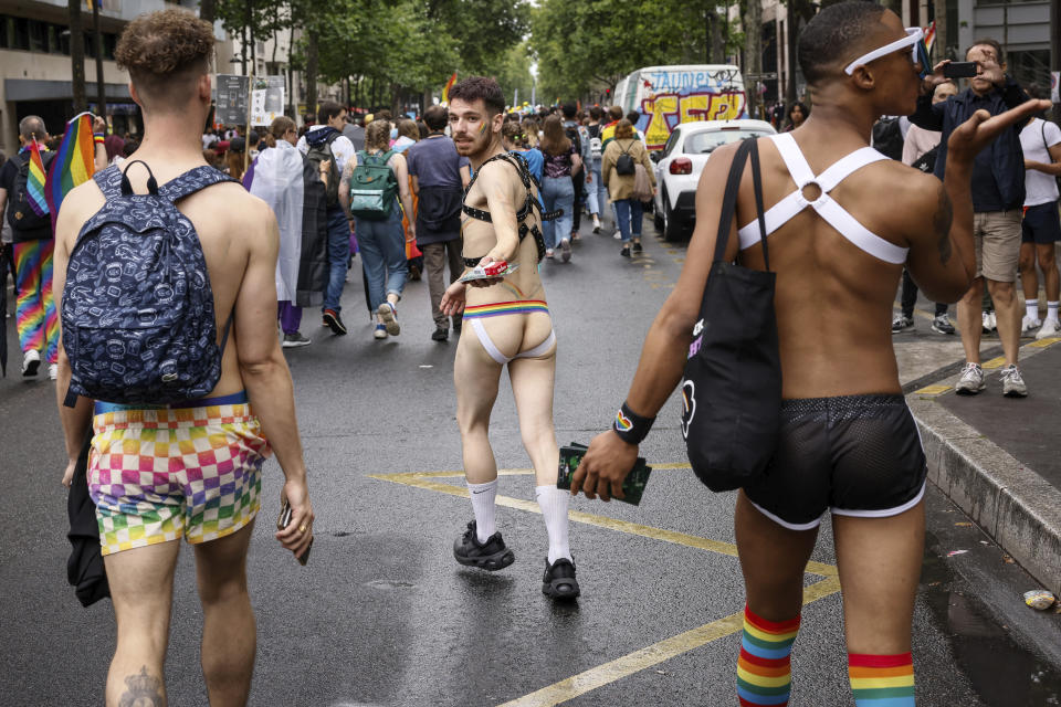 FILE - A participant wears a jockstrap during the annual Pride Paris 2022 march, in Paris on June 25, 2022. The jockstrap was originally invented in 1874 to support bicycle messengers as they navigated the bumpy cobblestones of Boston. (AP Photo/ Thomas Padilla)