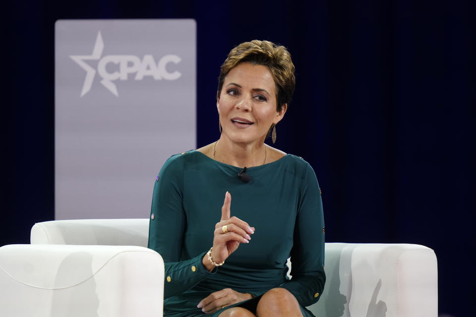 FILE - Kari Lake, Republican candidate for Arizona governor, speaks at the Conservative Political Action Conference (CPAC) in Dallas, Friday, Aug. 5, 2022. Democratic gubernatorial hopeful Katie Hobbs has declined a televised debate with Lake. (AP Photo/LM Otero, File)